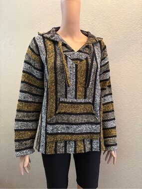 Striped Hooded Baja Pullover Hoodie - Mustard, Black & White